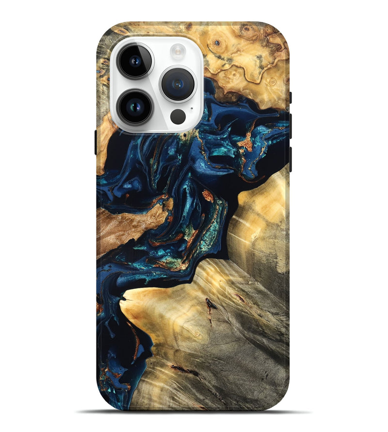 iPhone 15 Pro Max Wood Live Edge Phone Case - Manuela (Teal & Gold, 824980)