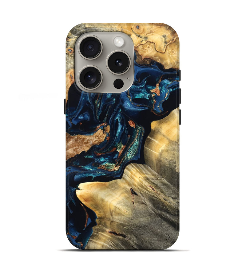 iPhone 16 Pro Wood Live Edge Phone Case - Manuela (Teal & Gold, 824980)