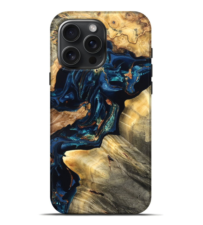 iPhone 16 Pro Max Wood Live Edge Phone Case - Manuela (Teal & Gold, 824980)