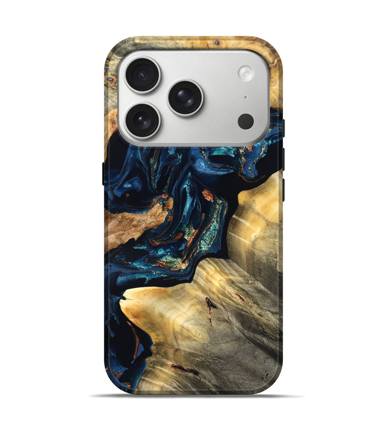 iPhone 17 Pro Wood Live Edge Phone Case - Manuela (Teal & Gold, 824980)