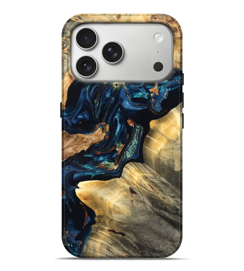iPhone 17 Pro Max Wood Live Edge Phone Case - Manuela (Teal & Gold, 824980)