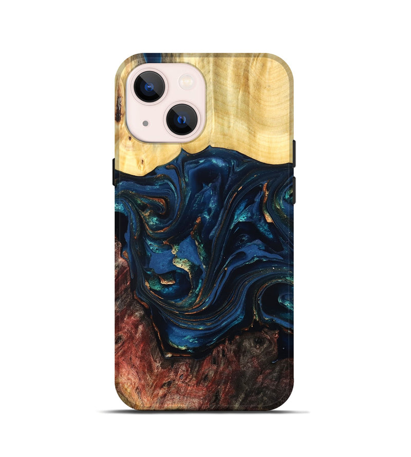 iPhone 13 mini Wood Live Edge Phone Case - Maryann (Teal & Gold, 824981)