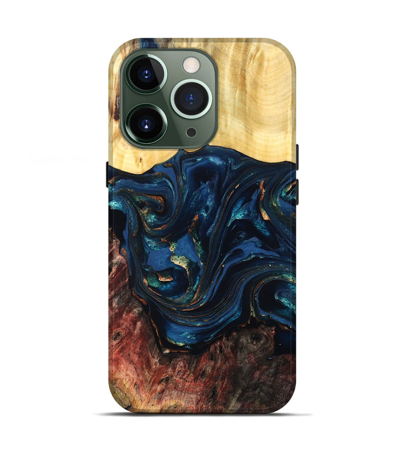 iPhone 13 Pro Wood Live Edge Phone Case - Maryann (Teal & Gold, 824981)