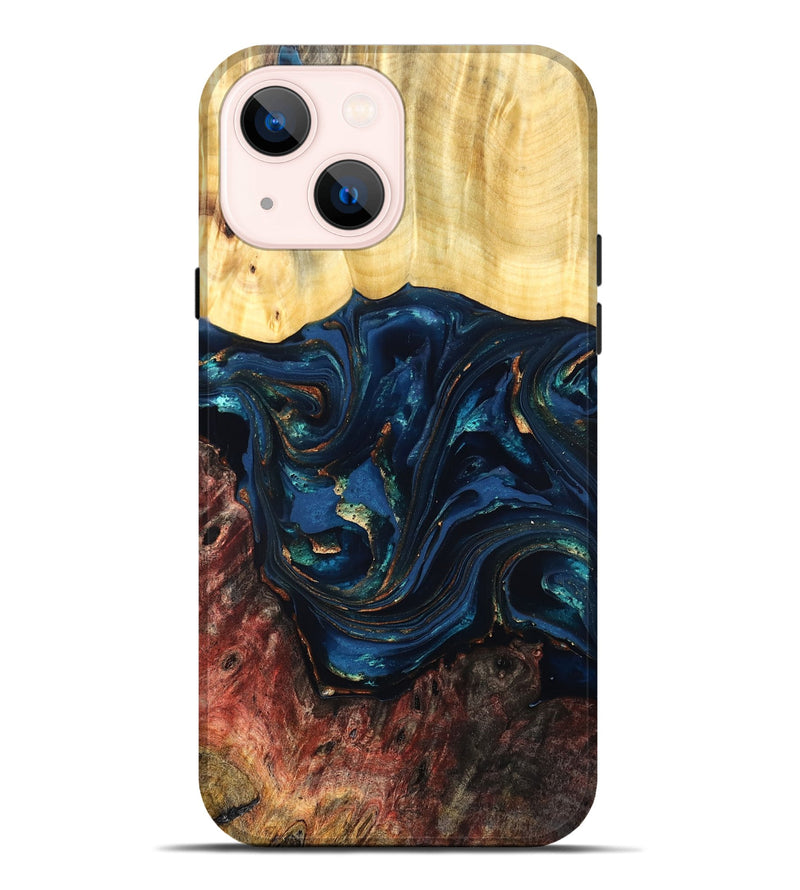 iPhone 14 Plus Wood Live Edge Phone Case - Maryann (Teal & Gold, 824981)