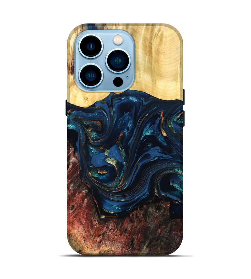 iPhone 14 Pro Wood Live Edge Phone Case - Maryann (Teal & Gold, 824981)