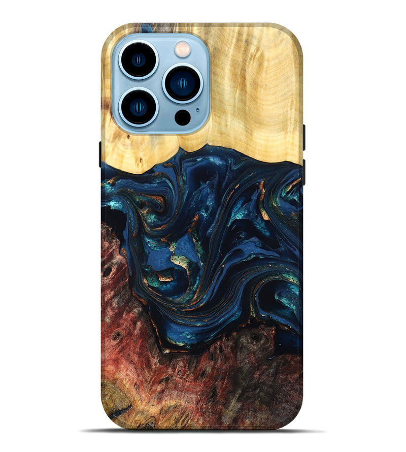 iPhone 14 Pro Max Wood Live Edge Phone Case - Maryann (Teal & Gold, 824981)