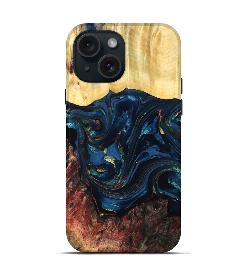 iPhone 15 Wood Live Edge Phone Case - Maryann (Teal & Gold, 824981)