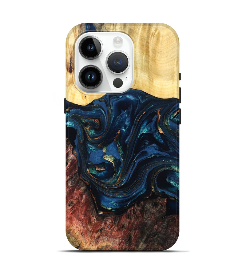 iPhone 15 Pro Wood Live Edge Phone Case - Maryann (Teal & Gold, 824981)