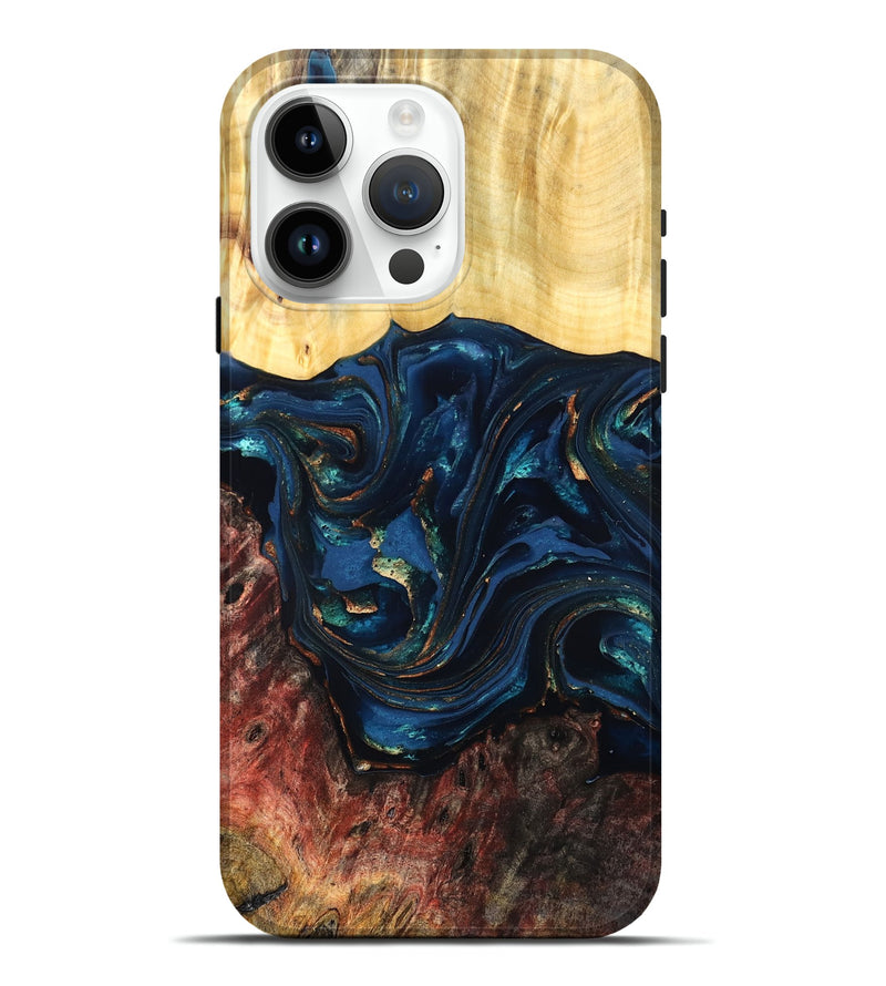 iPhone 15 Pro Max Wood Live Edge Phone Case - Maryann (Teal & Gold, 824981)