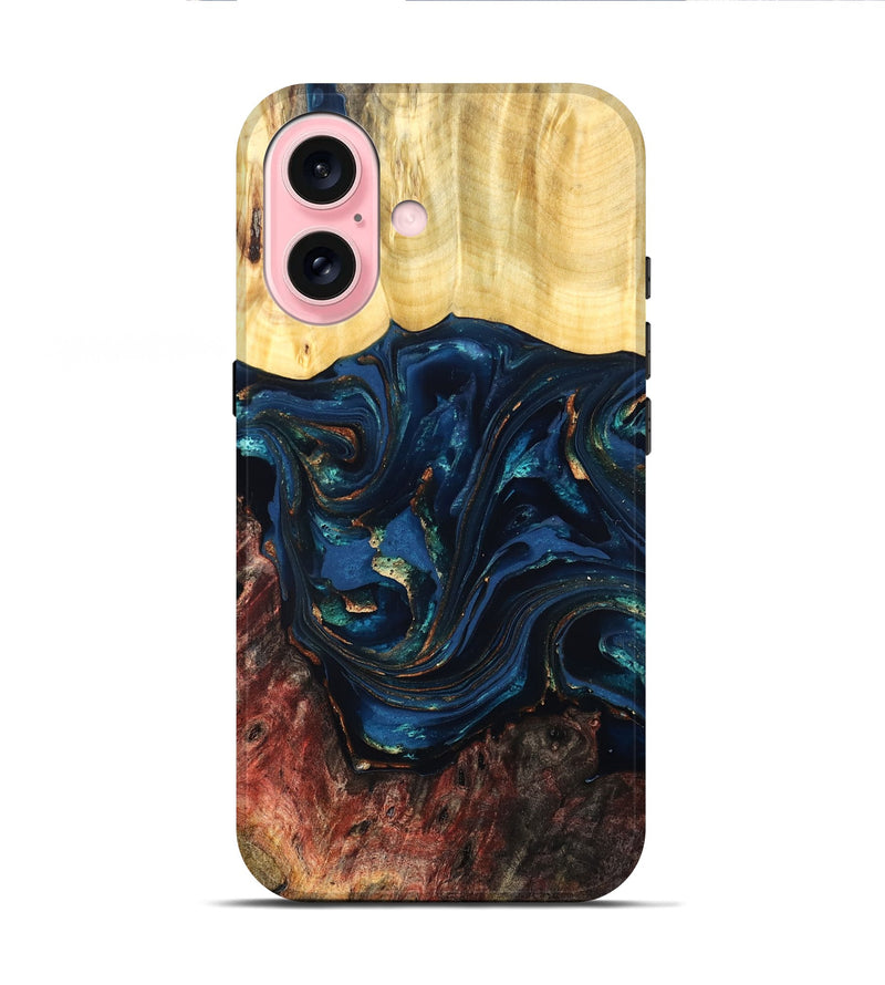 iPhone 16 Wood Live Edge Phone Case - Maryann (Teal & Gold, 824981)