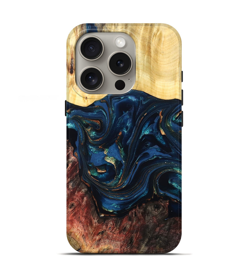 iPhone 16 Pro Wood Live Edge Phone Case - Maryann (Teal & Gold, 824981)
