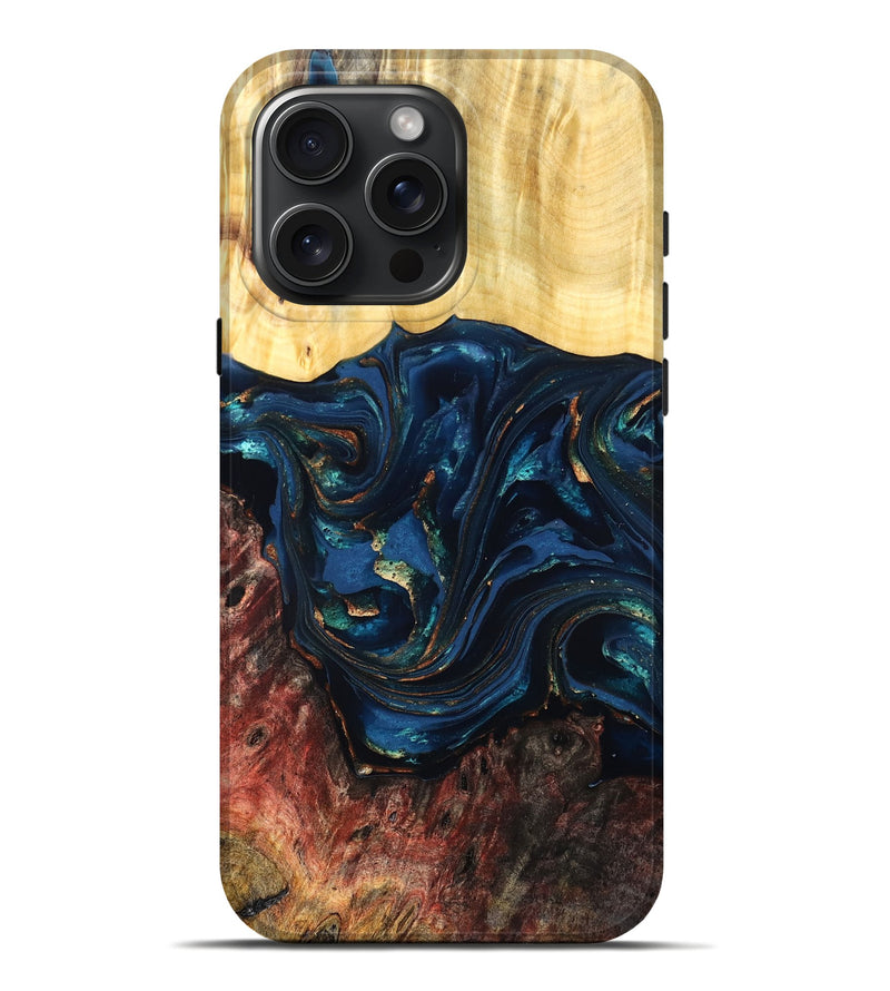 iPhone 16 Pro Max Wood Live Edge Phone Case - Maryann (Teal & Gold, 824981)
