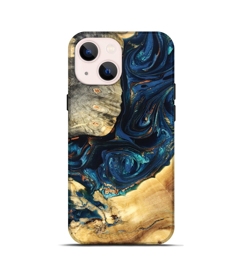 iPhone 13 mini Wood Live Edge Phone Case - Art (Teal & Gold, 824982)