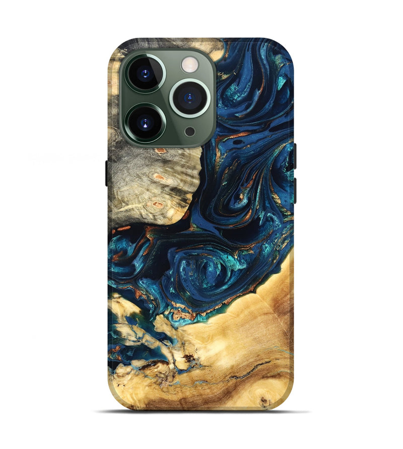 iPhone 13 Pro Wood Live Edge Phone Case - Art (Teal & Gold, 824982)