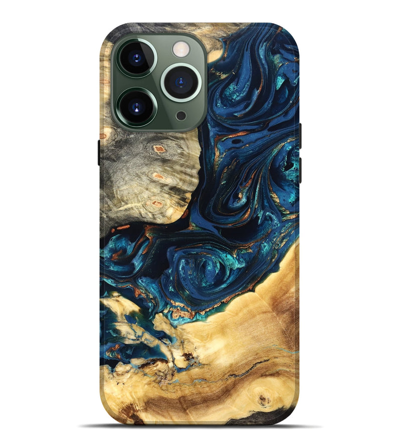 iPhone 13 Pro Max Wood Live Edge Phone Case - Art (Teal & Gold, 824982)