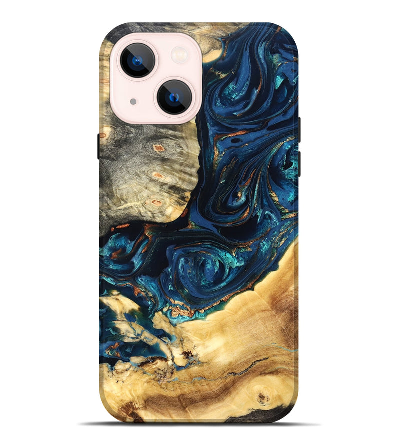 iPhone 14 Plus Wood Live Edge Phone Case - Art (Teal & Gold, 824982)