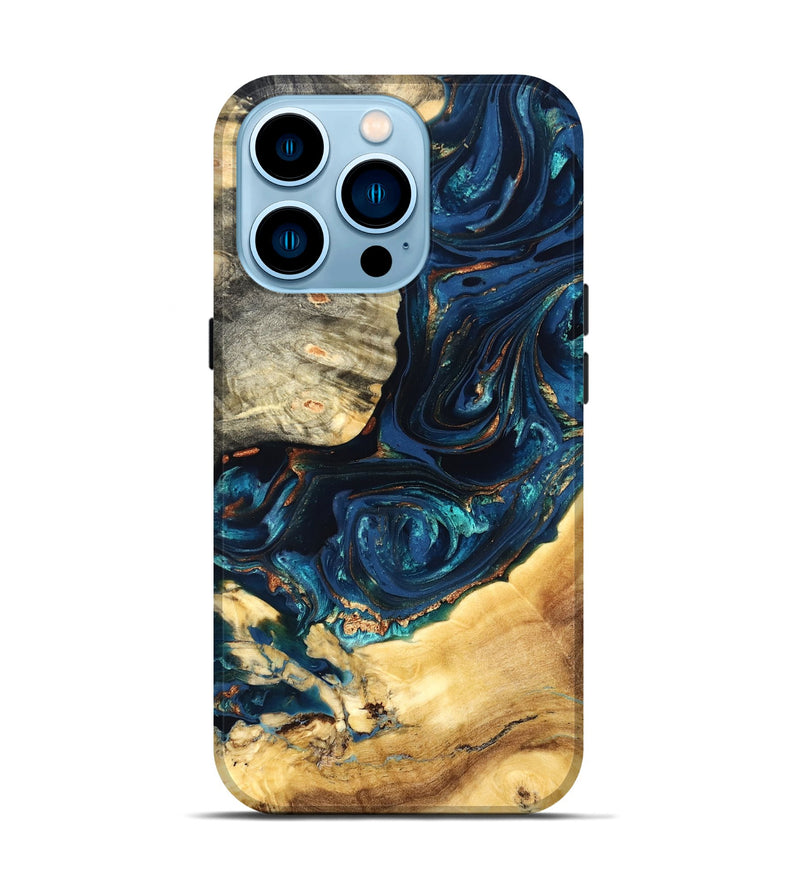 iPhone 14 Pro Wood Live Edge Phone Case - Art (Teal & Gold, 824982)