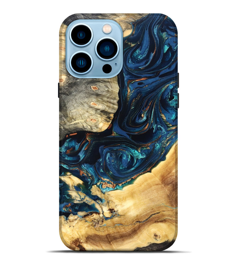 iPhone 14 Pro Max Wood Live Edge Phone Case - Art (Teal & Gold, 824982)
