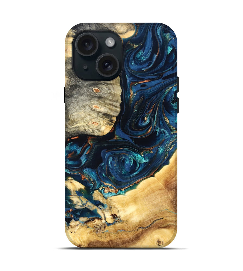 iPhone 15 Wood Live Edge Phone Case - Art (Teal & Gold, 824982)