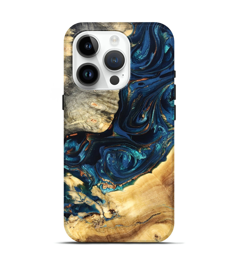 iPhone 15 Pro Wood Live Edge Phone Case - Art (Teal & Gold, 824982)