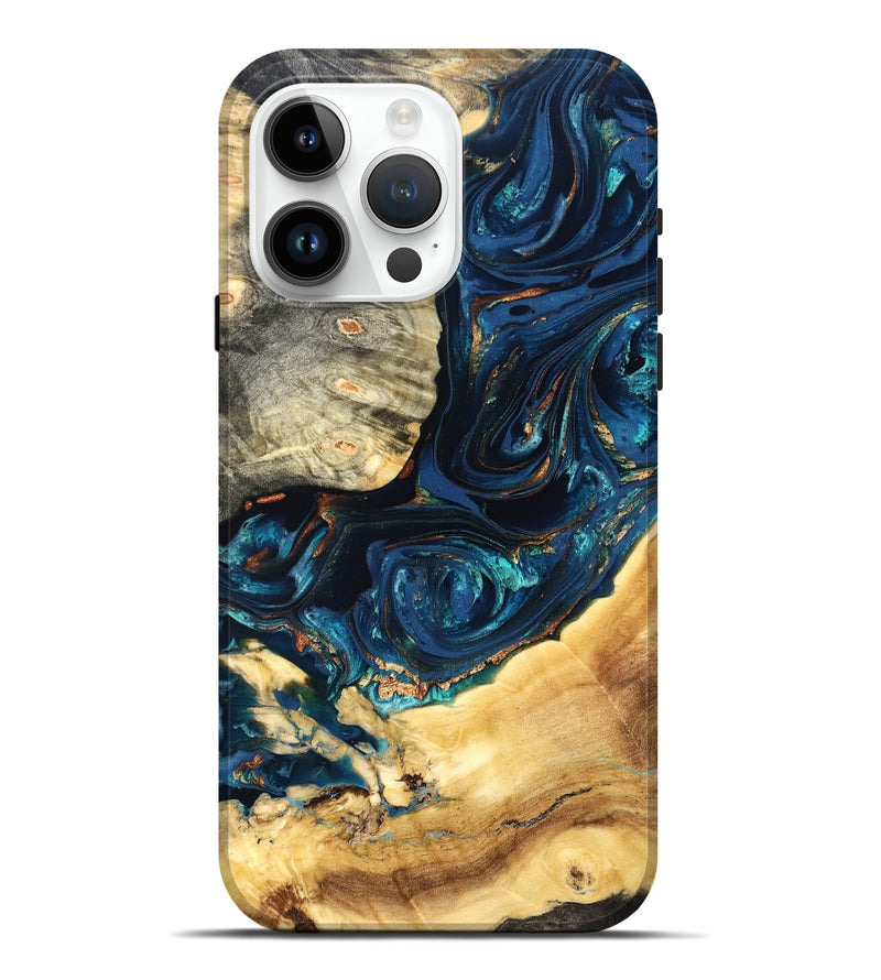 iPhone 15 Pro Max Wood Live Edge Phone Case - Art (Teal & Gold, 824982)