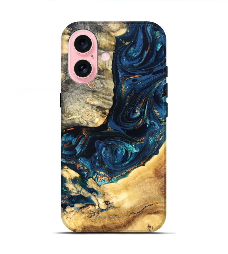 iPhone 16 Wood Live Edge Phone Case - Art (Teal & Gold, 824982)