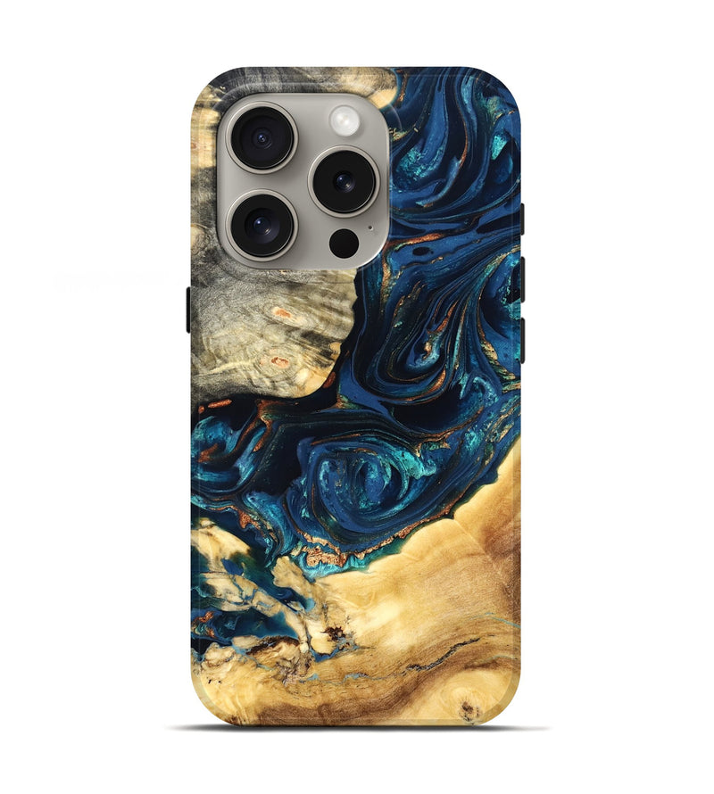 iPhone 16 Pro Wood Live Edge Phone Case - Art (Teal & Gold, 824982)