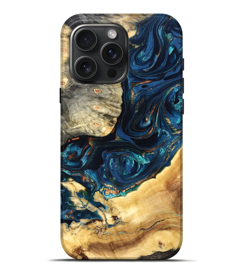 iPhone 16 Pro Max Wood Live Edge Phone Case - Art (Teal & Gold, 824982)