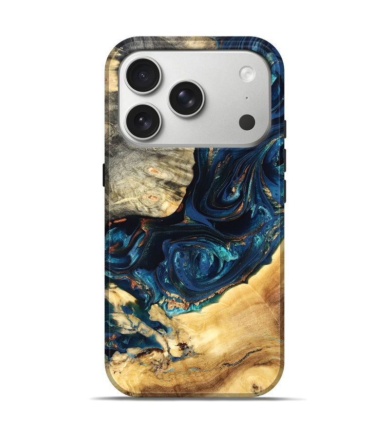 iPhone 17 Pro Wood Live Edge Phone Case - Art (Teal & Gold, 824982)