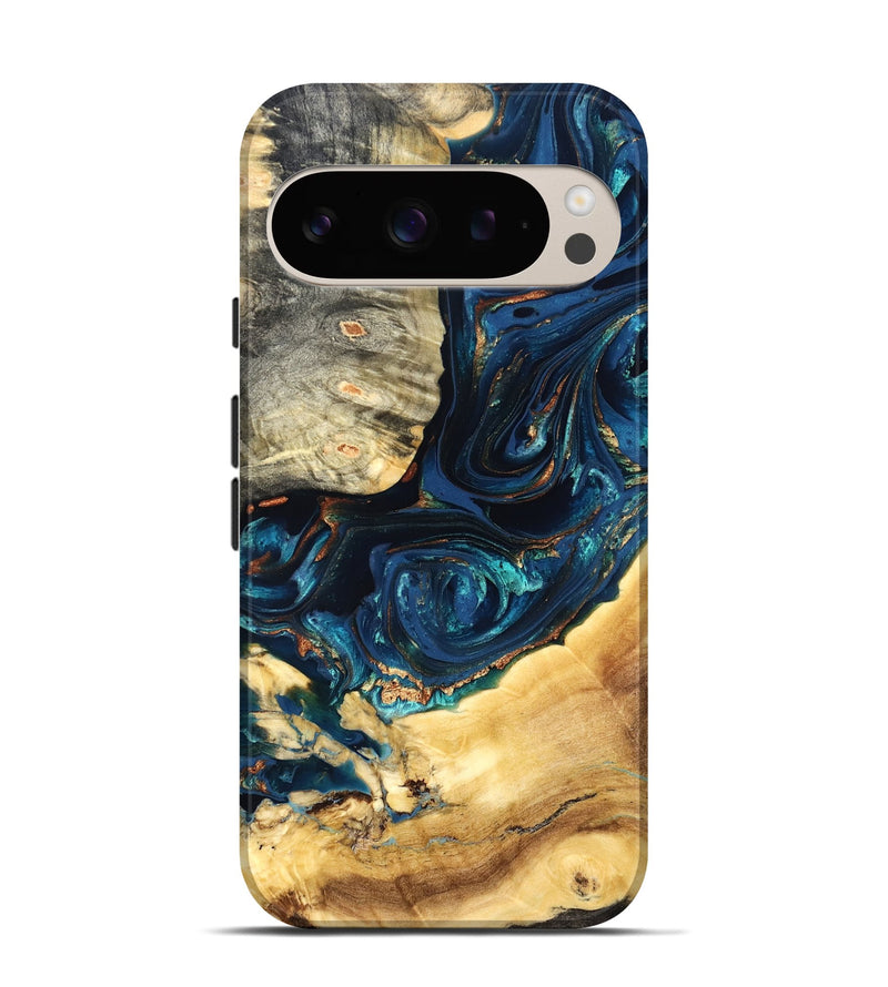Pixel 9 Pro Wood Live Edge Phone Case - Art (Teal & Gold, 824982)