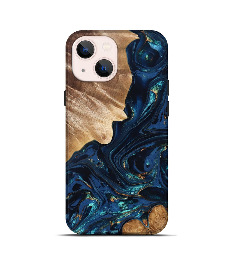 iPhone 13 mini Wood Live Edge Phone Case - Larissa (Teal & Gold, 824989)
