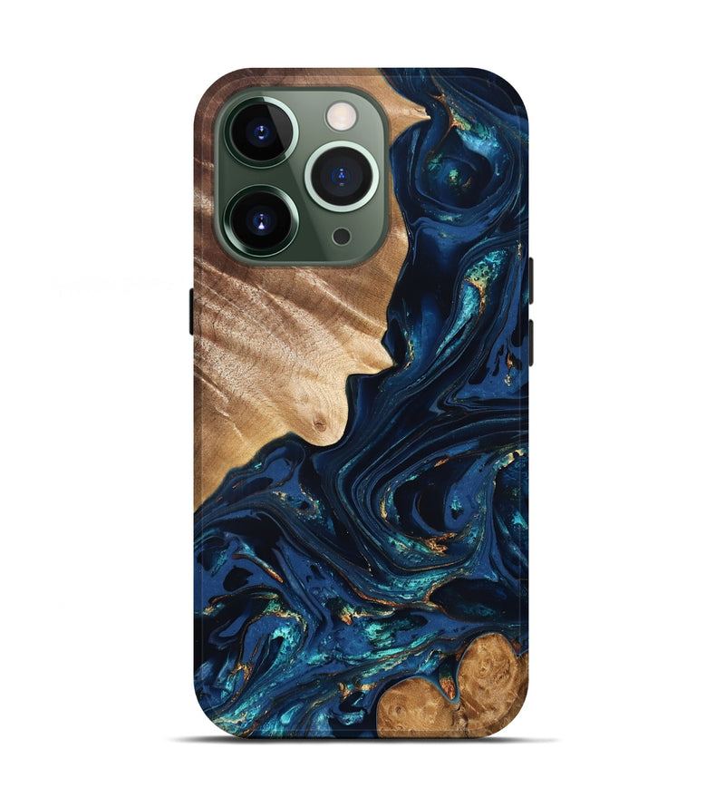iPhone 13 Pro Wood Live Edge Phone Case - Larissa (Teal & Gold, 824989)
