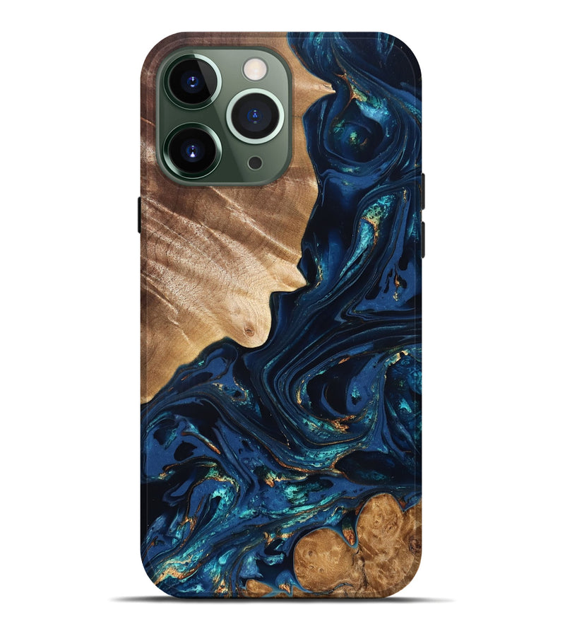 iPhone 13 Pro Max Wood Live Edge Phone Case - Larissa (Teal & Gold, 824989)
