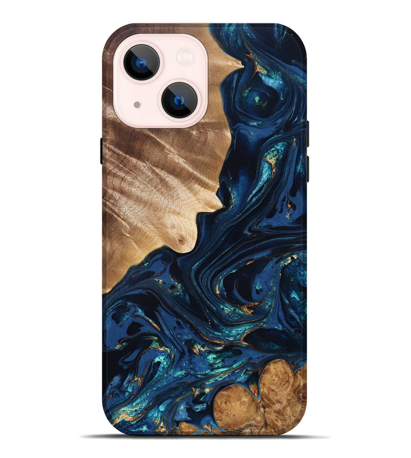 iPhone 14 Plus Wood Live Edge Phone Case - Larissa (Teal & Gold, 824989)