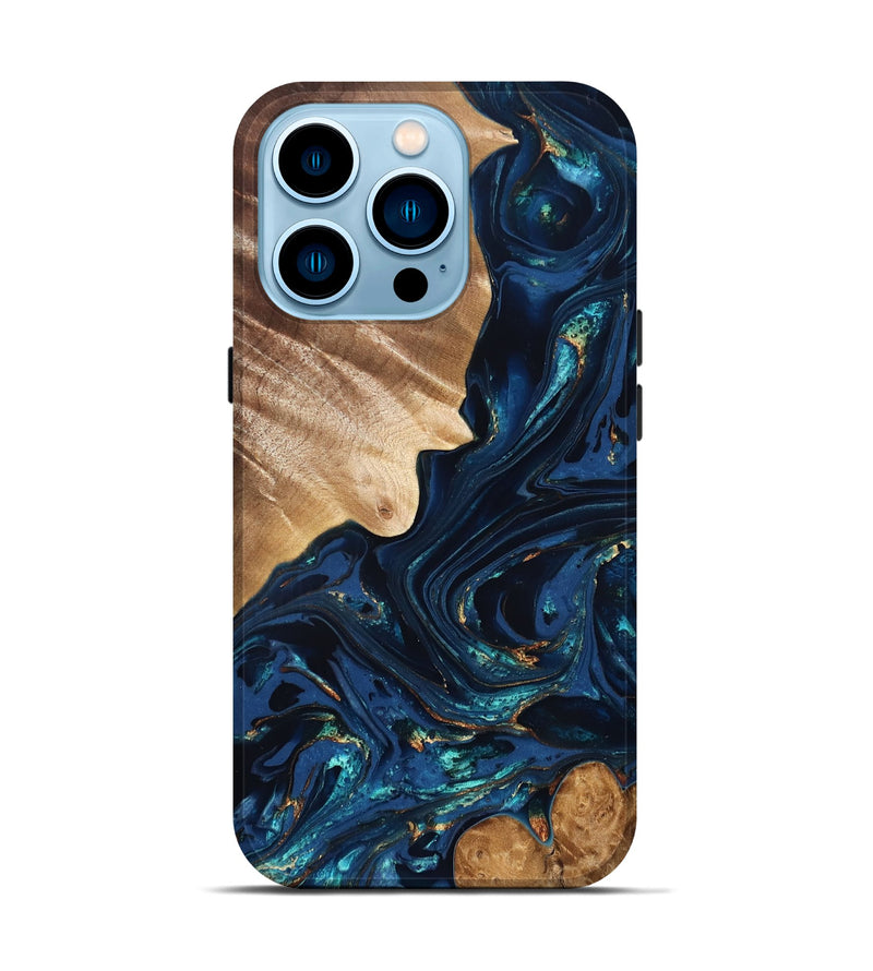 iPhone 14 Pro Wood Live Edge Phone Case - Larissa (Teal & Gold, 824989)