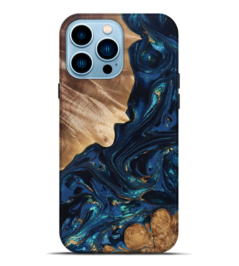 iPhone 14 Pro Max Wood Live Edge Phone Case - Larissa (Teal & Gold, 824989)
