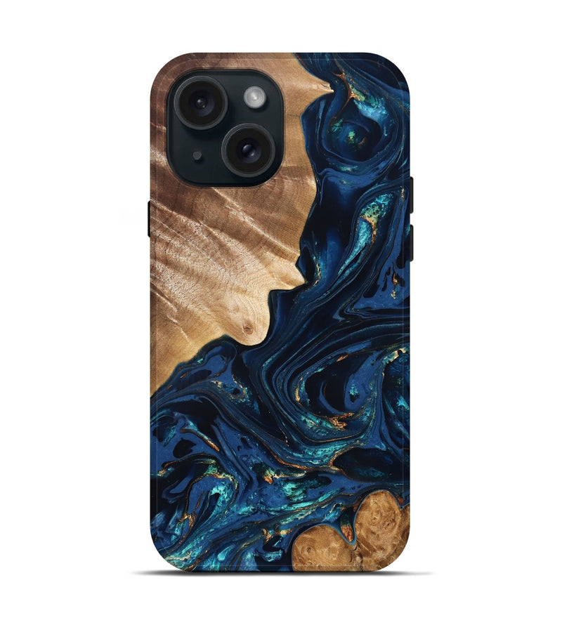 iPhone 15 Wood Live Edge Phone Case - Larissa (Teal & Gold, 824989)