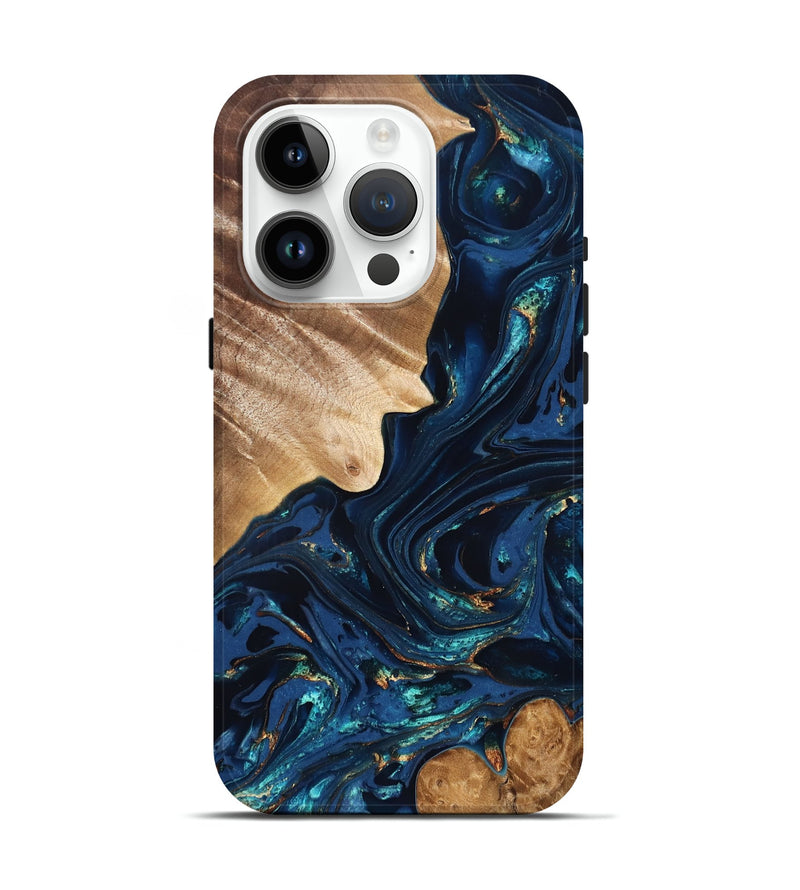 iPhone 15 Pro Wood Live Edge Phone Case - Larissa (Teal & Gold, 824989)