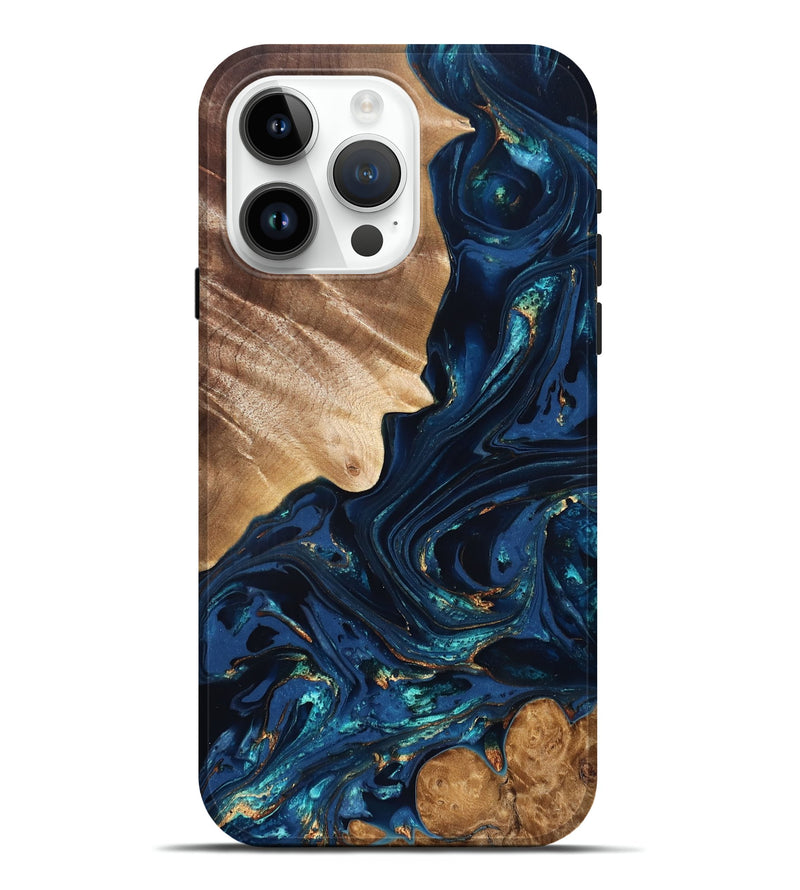 iPhone 15 Pro Max Wood Live Edge Phone Case - Larissa (Teal & Gold, 824989)