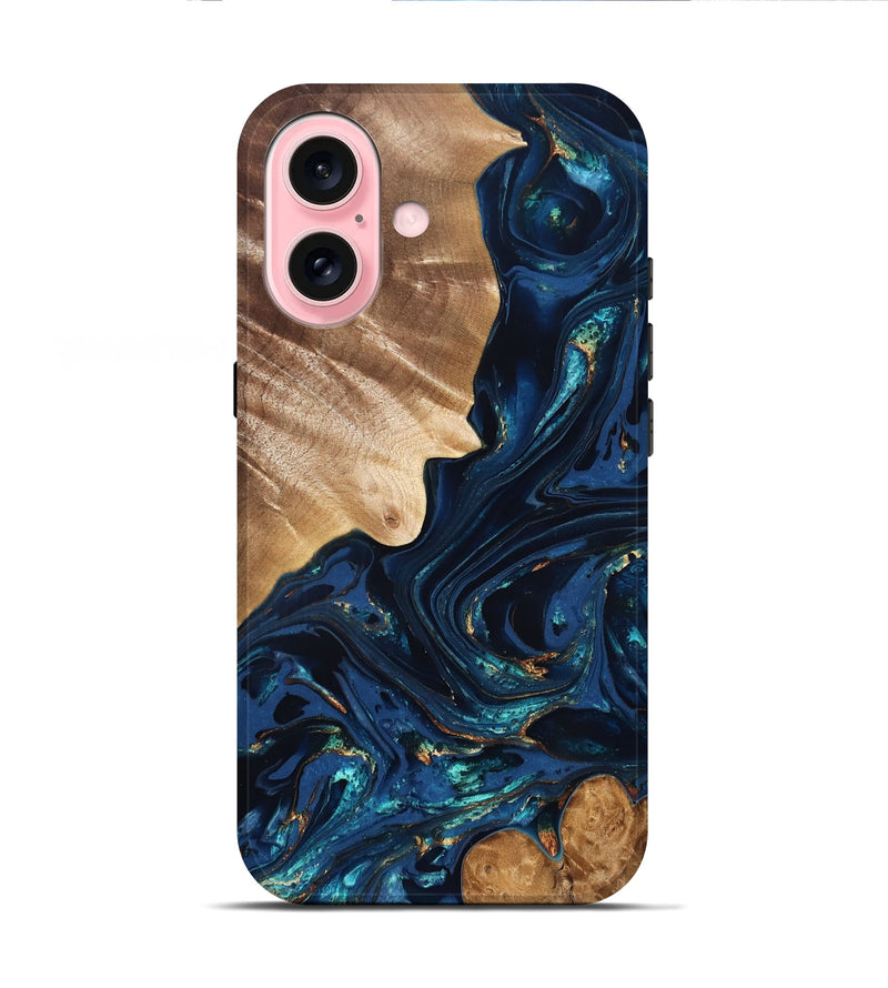 iPhone 16 Wood Live Edge Phone Case - Larissa (Teal & Gold, 824989)