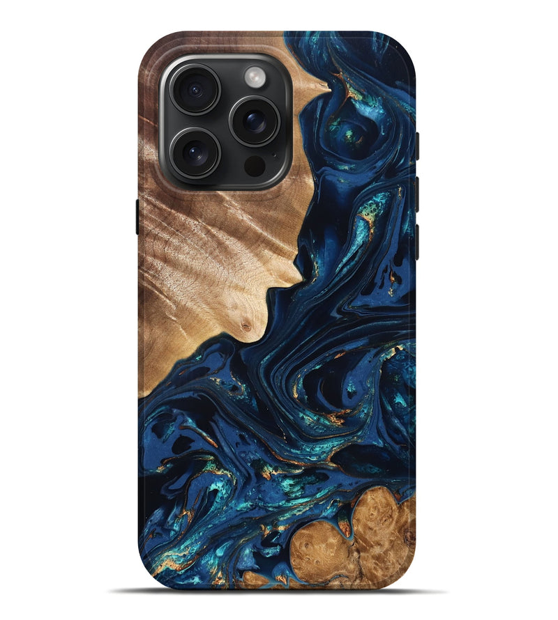 iPhone 16 Pro Max Wood Live Edge Phone Case - Larissa (Teal & Gold, 824989)