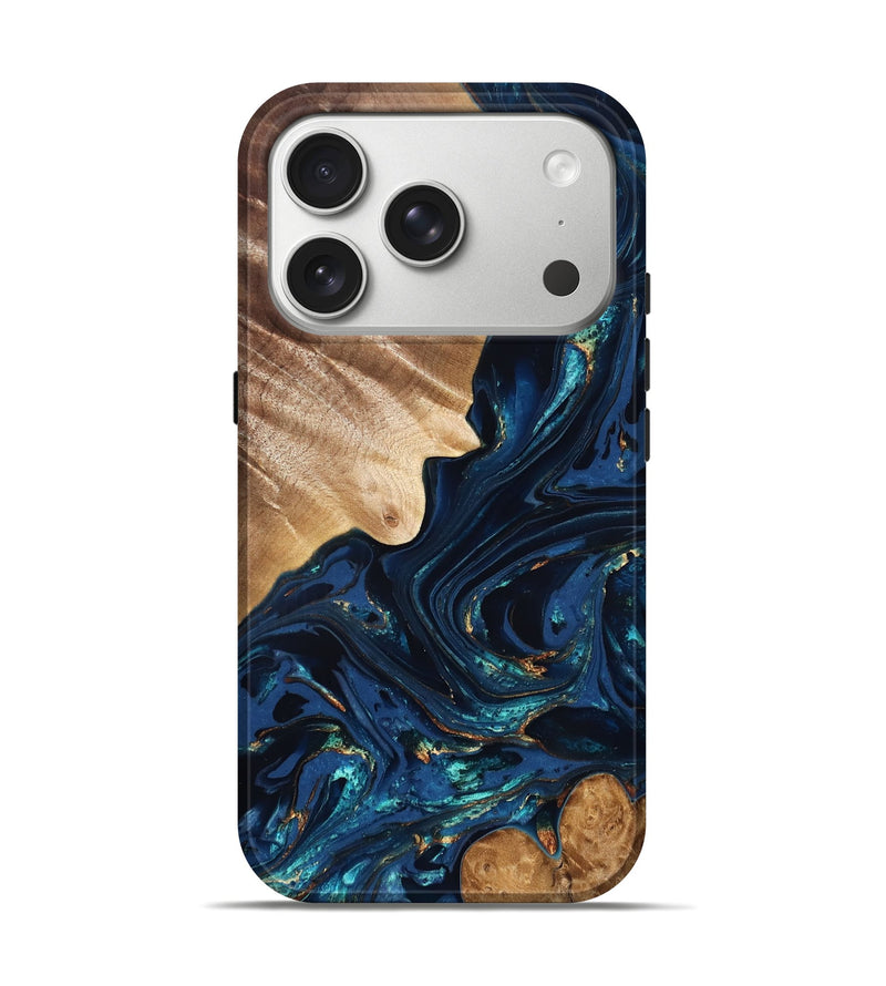 iPhone 17 Pro Wood Live Edge Phone Case - Larissa (Teal & Gold, 824989)