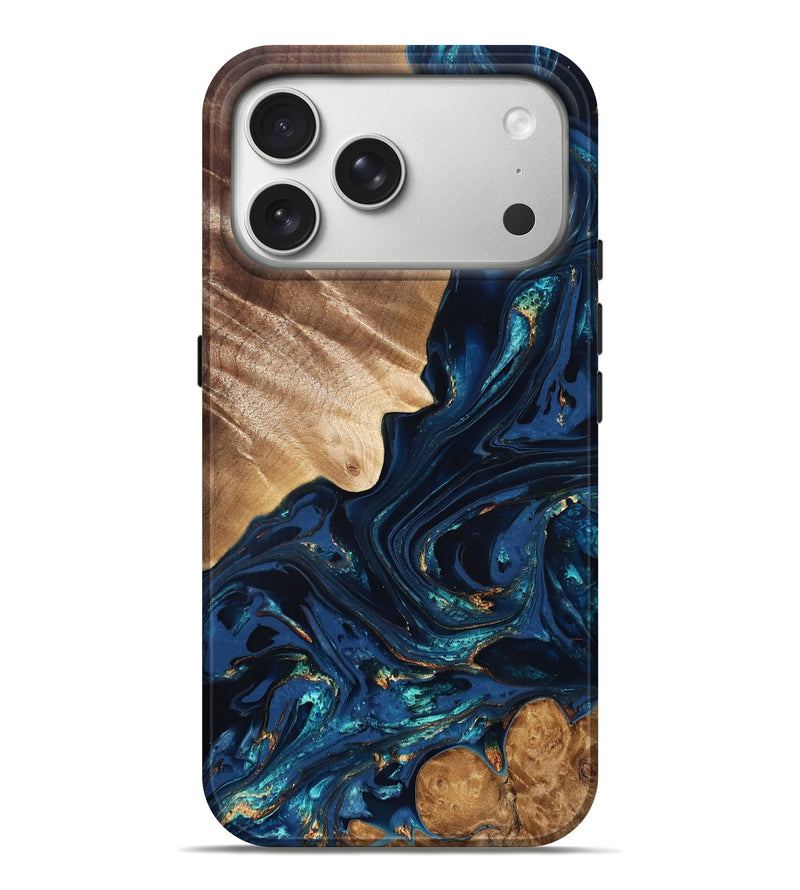 iPhone 17 Pro Max Wood Live Edge Phone Case - Larissa (Teal & Gold, 824989)