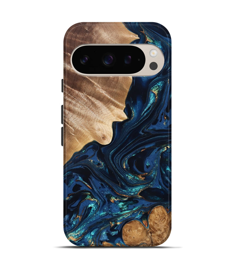Pixel 9 Pro Wood Live Edge Phone Case - Larissa (Teal & Gold, 824989)
