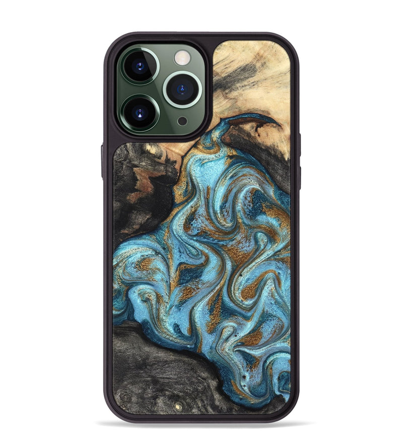 iPhone 13 Pro Max Wood Phone Case - Saylor (Teal & Gold, 825001)