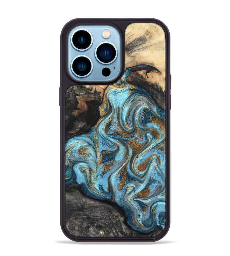 iPhone 14 Pro Max Wood Phone Case - Saylor (Teal & Gold, 825001)