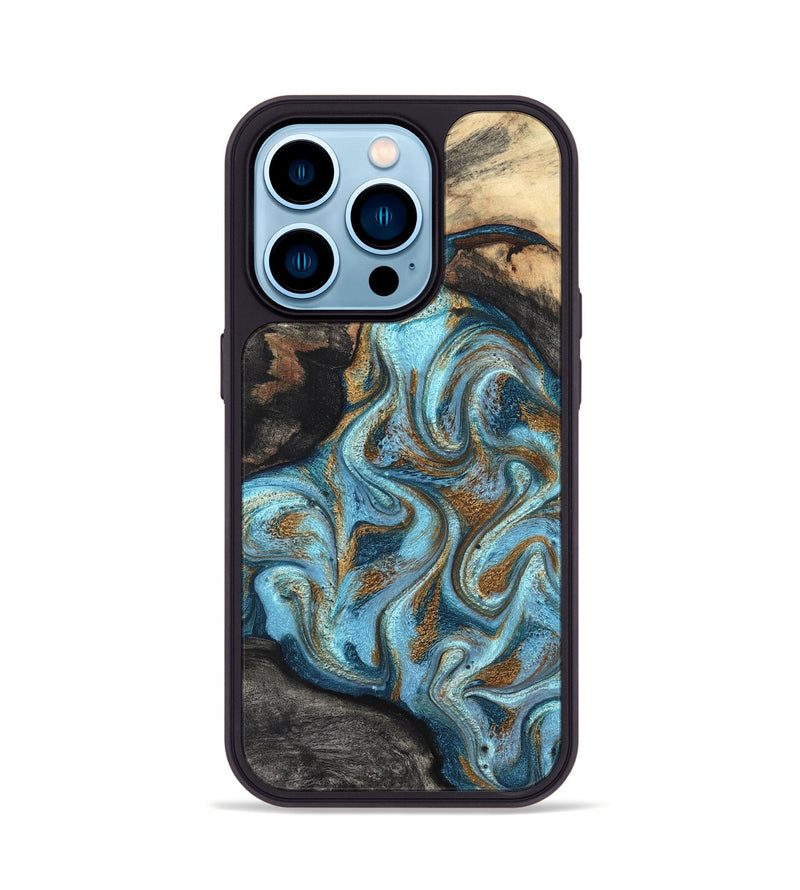 iPhone 14 Pro Wood Phone Case - Saylor (Teal & Gold, 825001)