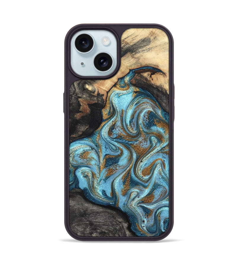 iPhone 15 Wood Phone Case - Saylor (Teal & Gold, 825001)