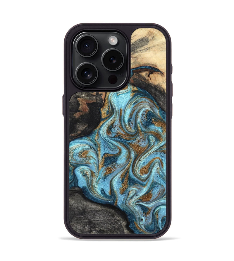 iPhone 15 Pro Wood Phone Case - Saylor (Teal & Gold, 825001)
