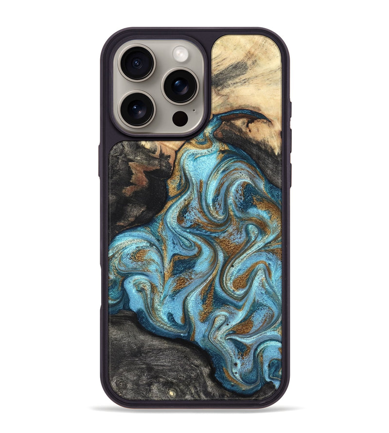 iPhone 16 Pro Max Wood Phone Case - Saylor (Teal & Gold, 825001)